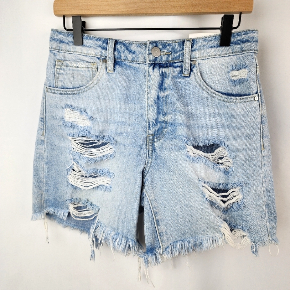 Insane Gene Women's Hi-Rise Midi Destroyed Denim Blue Jean Short Size S NWT
